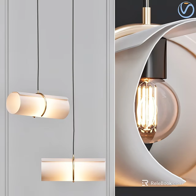Modern Pendant Light Design With Cylindrical White Shade Metallic Ring Transparent Globe And Vintage Bulb 3d model 