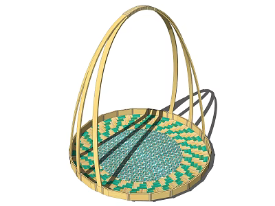 Round Wicker Basket with Arched Yellow Handles and Green Yellow Checkered Base 3d model