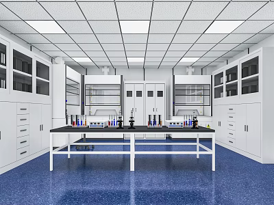 Modern White Laboratory Interior With Blue Floor Lab Bench Cabinets And Reagent Bottles 3d model