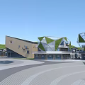 Commercial Street Surrounded By Lake Green Spaces Plaza And Modern Buildings