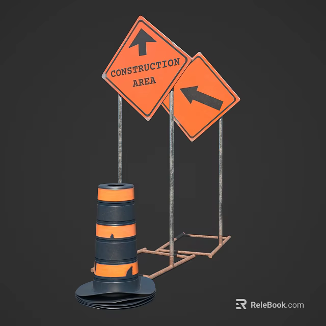 Road Facilities With Construction Area Traffic Sign Arrow Indicator And Safety Barrels 3d model 