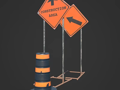 Road Facilities With Construction Area Traffic Sign Arrow Indicator And Safety Barrels 3d model