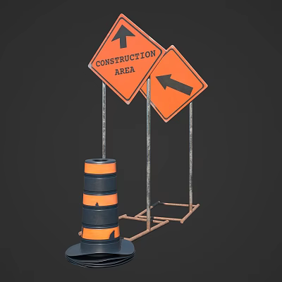 Road Facilities With Construction Area Traffic Sign Arrow Indicator And Safety Barrels 3d model