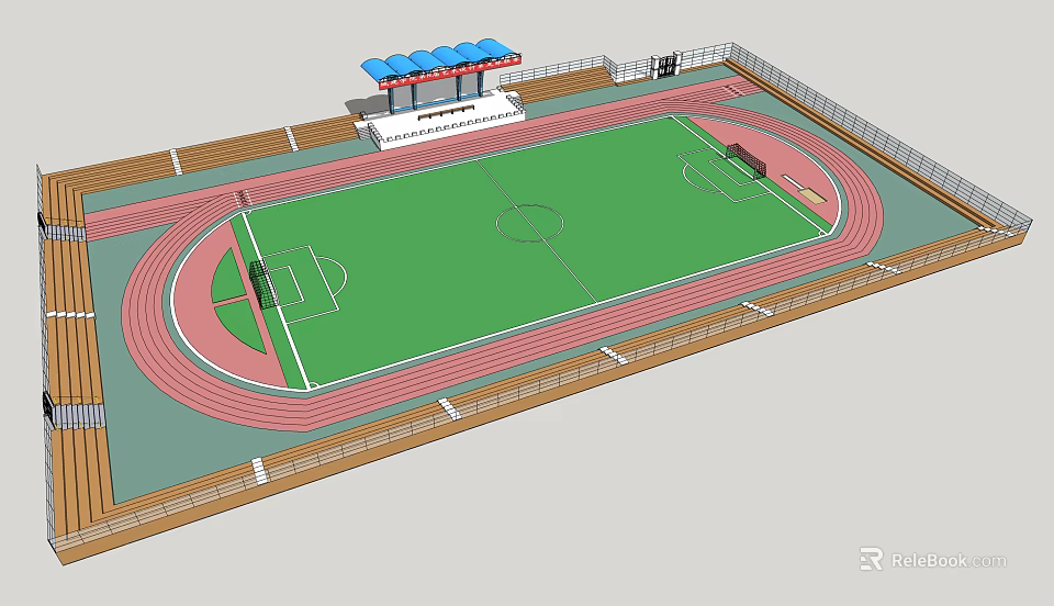 Football Field With Running Track Spectator Stands Green Lawn And White Markings 3d model 