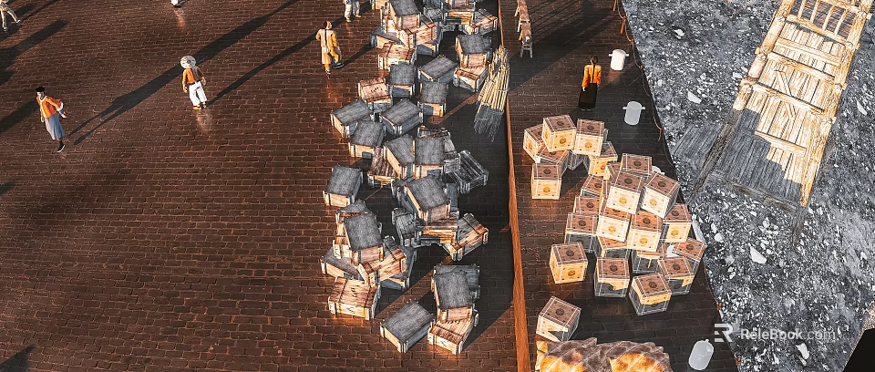 Open Outdoor Work Scene with Stacked Boxes Brick Paved Ground and People Organizing 3d model 