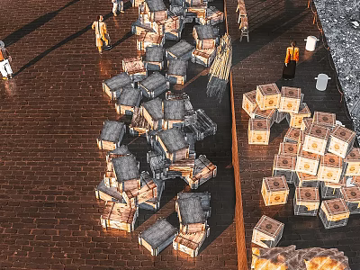 Open Outdoor Work Scene with Stacked Boxes Brick Paved Ground and People Organizing 3d model