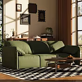 Green Velvet Three Seater Sofa With Wooden Coffee Table Cup Oranges Wall Art Natural Light