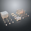 Architectural Model Components Including Stone Blocks Wooden Planks And Frame Structures 3d model
