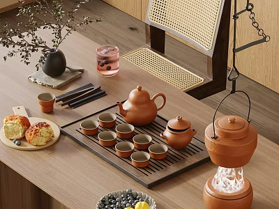 Traditional Clay Tea Set With Teapots Teacups On Wooden Table And Pastries Berries Vase Plants 3d model