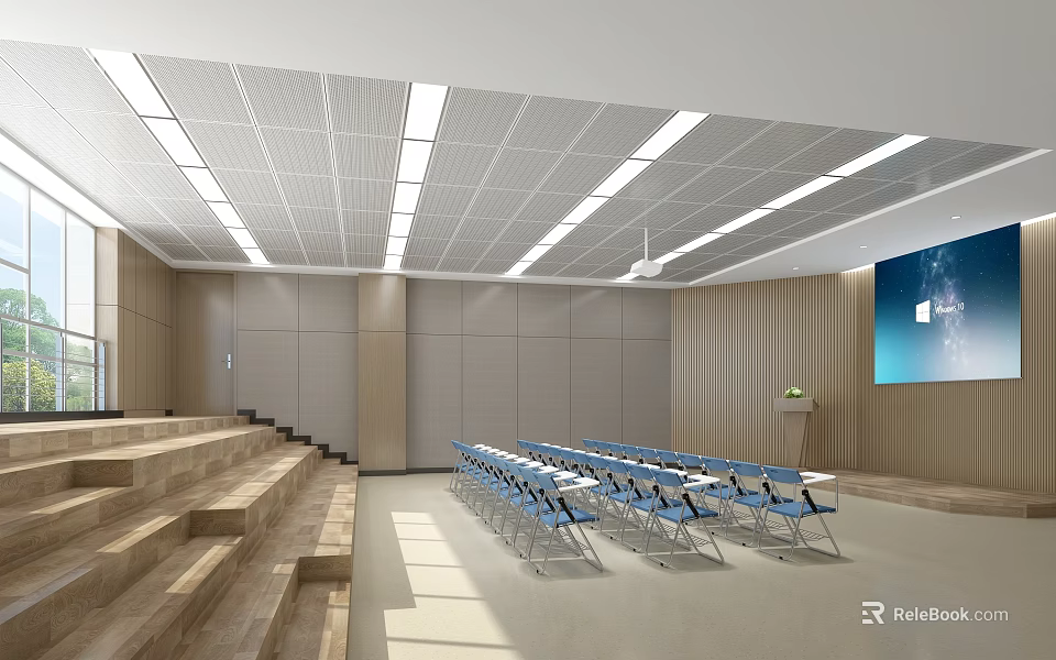 Modern School Conference Room With Staircase Seating Projection Screen Ceiling Lights And Wooden Walls 3d model 