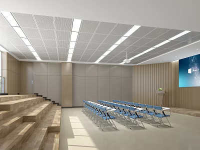 Modern School Conference Room With Staircase Seating Projection Screen Ceiling Lights And Wooden Walls 3d model