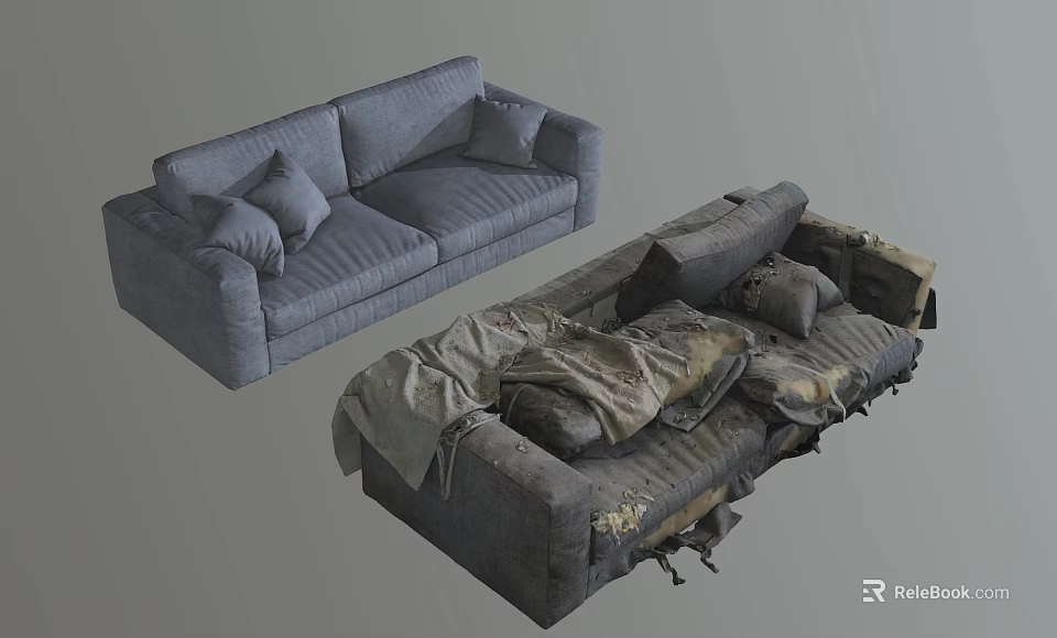 New Gray Two-Seater Sofa and Worn Damaged Sofa with Torn Upholstery 3d model 