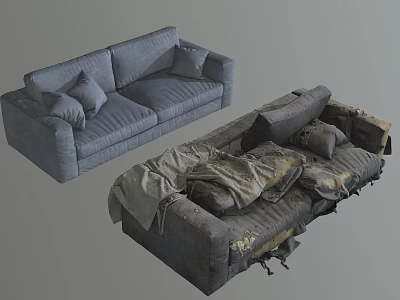 New Gray Two-Seater Sofa and Worn Damaged Sofa with Torn Upholstery 3d model