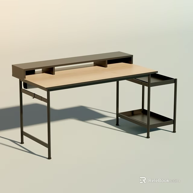 Modern Home Office Desk With Wooden Tabletop Black Metal Frame And Side Storage Shelf 3d model 