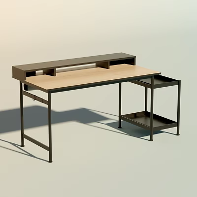 Modern Home Office Desk With Wooden Tabletop Black Metal Frame And Side Storage Shelf 3d model