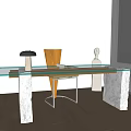 Modern Glass Top Desk With Marble Legs Wooden Chair Lamp Sculpture And Magazine