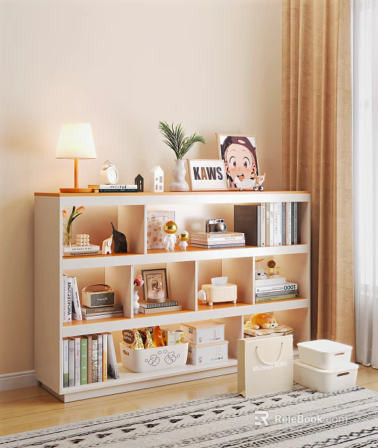 Stylish White and Wooden Bookshelf with Open Shelves Potted Plant Photo Frame and Storage Boxes 3d model 
