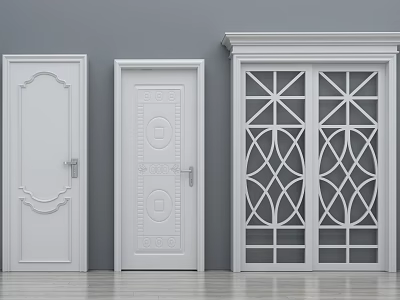 White Interior Hinged Doors With Carved Patterns And Geometric Designs 3d model