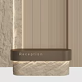 Modern Reception Desk With Stone Base Metal Top And Striped Wall Lighting Design