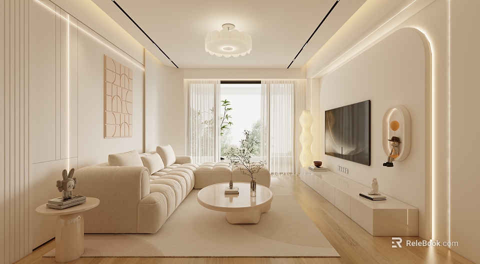 Modern Minimalist Living Room Interior With Beige Sofa Round Coffee Table And Geometric Wall Art 3d model 