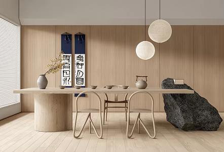 Japanese-style tea room tea table and chair tea table chandelier rubble stone picture tea set 3d model