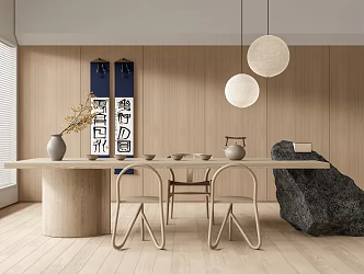 Japanese-style tea room tea table and chair tea table chandelier rubble stone picture tea set 3d model