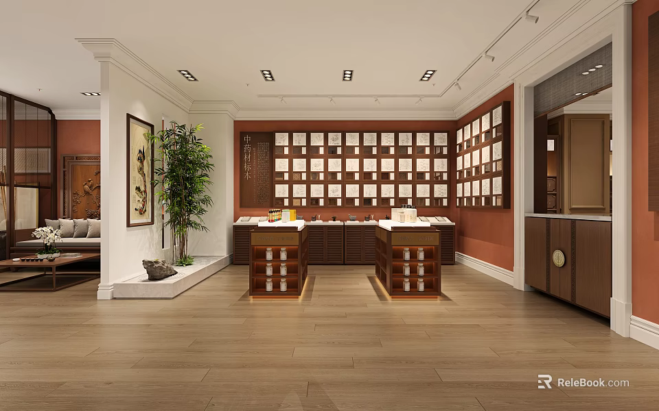 Traditional Chinese Style Display Hall Interior With Wooden Grid Shelves Central Counters And Green Plant 3d model 