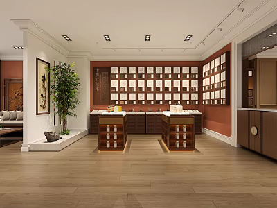 Traditional Chinese Style Display Hall Interior With Wooden Grid Shelves Central Counters And Green Plant 3d model