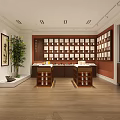 Traditional Chinese Style Display Hall Interior With Wooden Grid Shelves Central Counters And Green Plant