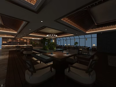 Modern Clubhouse Interior Design With Wooden Ceiling Chandelier Large Windows And Comfortable Seating 3d model