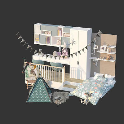 Cozy Kids Bed With Stairs Bookshelf Play Tent Decorative Bunting And Bedding 3d model