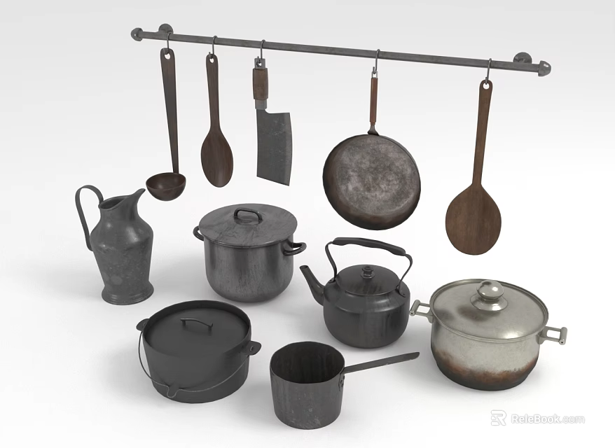 Vintage Tea Set Collection Featuring Metal Teapot Wooden Cups And Ceramic Tray 3d model 
