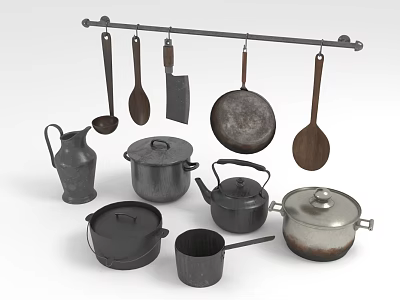 Vintage Tea Set Collection Featuring Metal Teapot Wooden Cups And Ceramic Tray 3d model