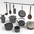 Vintage Tea Set Collection Featuring Metal Teapot Wooden Cups And Ceramic Tray