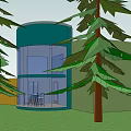 Modern Colorful Office Building With Large Glass Windows And Surrounding Trees