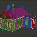 Wooden House With Green Metal Roof Blue Extended Roof Ladder Chimney Satellite Dish Boarded Windows
