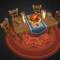 Cartoon Dining Scene Featuring Wooden Table Chairs Roast Chicken Blue Tablecloth Candles And Red Carpet