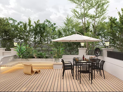 Serene Garden Landscape With Wooden Deck Outdoor Dining Set Umbrella And Lush Greenery 3d model