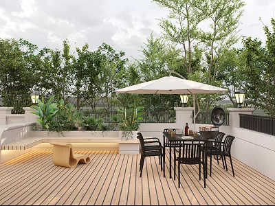 Serene Garden Landscape With Wooden Deck Outdoor Dining Set Umbrella And Lush Greenery 3d model