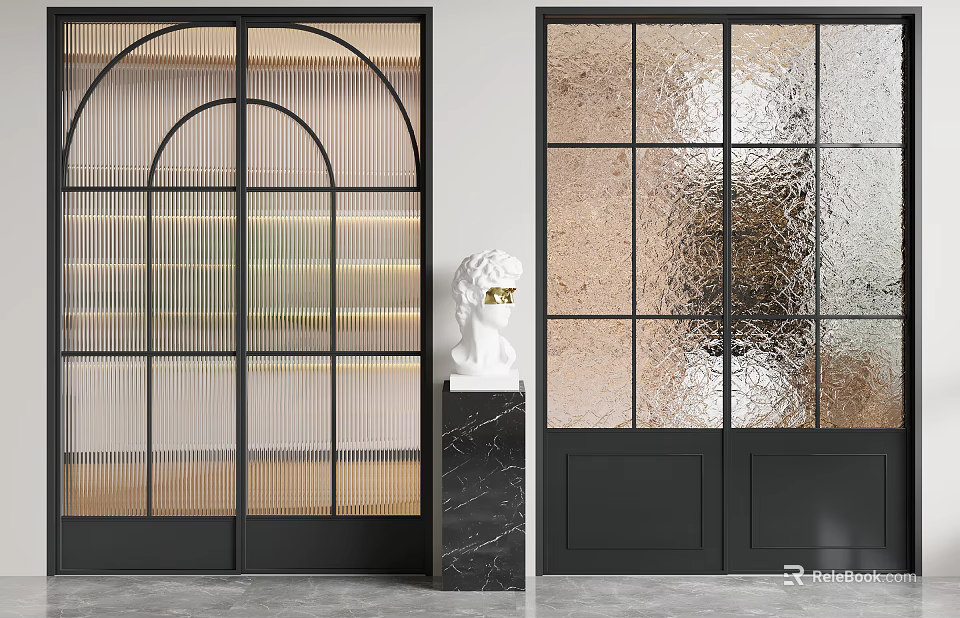 Arched Frosted Glass Doors Interior With Marble Pedestal And White Statue 3d model 