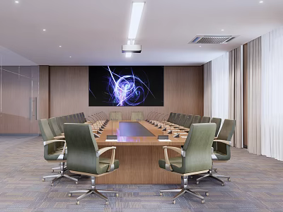 Modern Conference Room With Large Wooden Table Green Rolling Chairs And Projector Screen 3d model