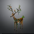 Orange Deer With Branches Green Leaves Red Flowers And Green Leaf Decorations Against Gray Background