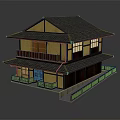 Traditional Japanese Two Story Building With Gray Tiled Roof Yellow Walls And Wooden Balconies
