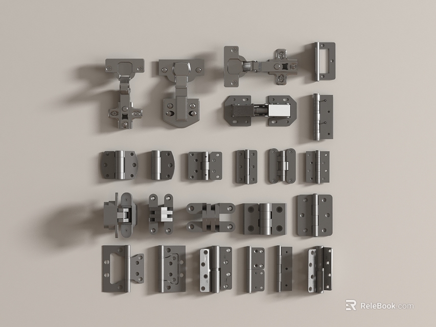 Different Types Of Metal Hinges And Furniture Connectors For Cabinet Doors 3d model 