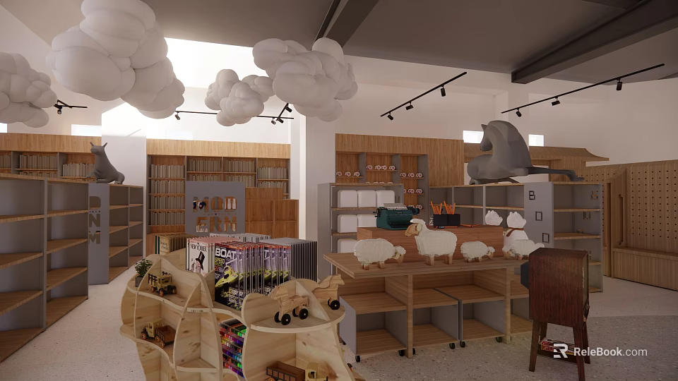 Shopping Mall Retail Store With Cloud Decor Wooden Shelves And Animal Shaped Displays 3d model 