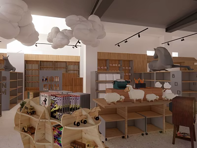 Shopping Mall Retail Store With Cloud Decor Wooden Shelves And Animal Shaped Displays 3d model