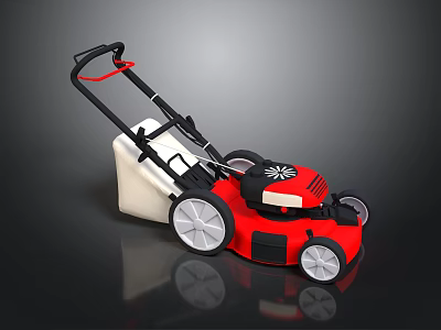 Red And White Lawn Mower With Black Handle White Wheels And Grass Bag 3d model