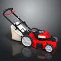 Red And White Lawn Mower With Black Handle White Wheels And Grass Bag