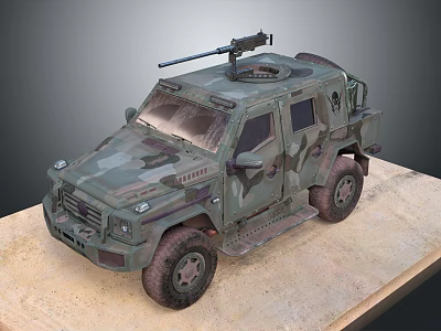 Camouflage Armored Functional Vehicle With Mounted Weapon And Off Road Tires 3d model