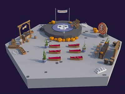 Cartoon Scene With Central Circular Area Flag Pumpkins Target Red Seats Benches And Wooden Structures 3d model